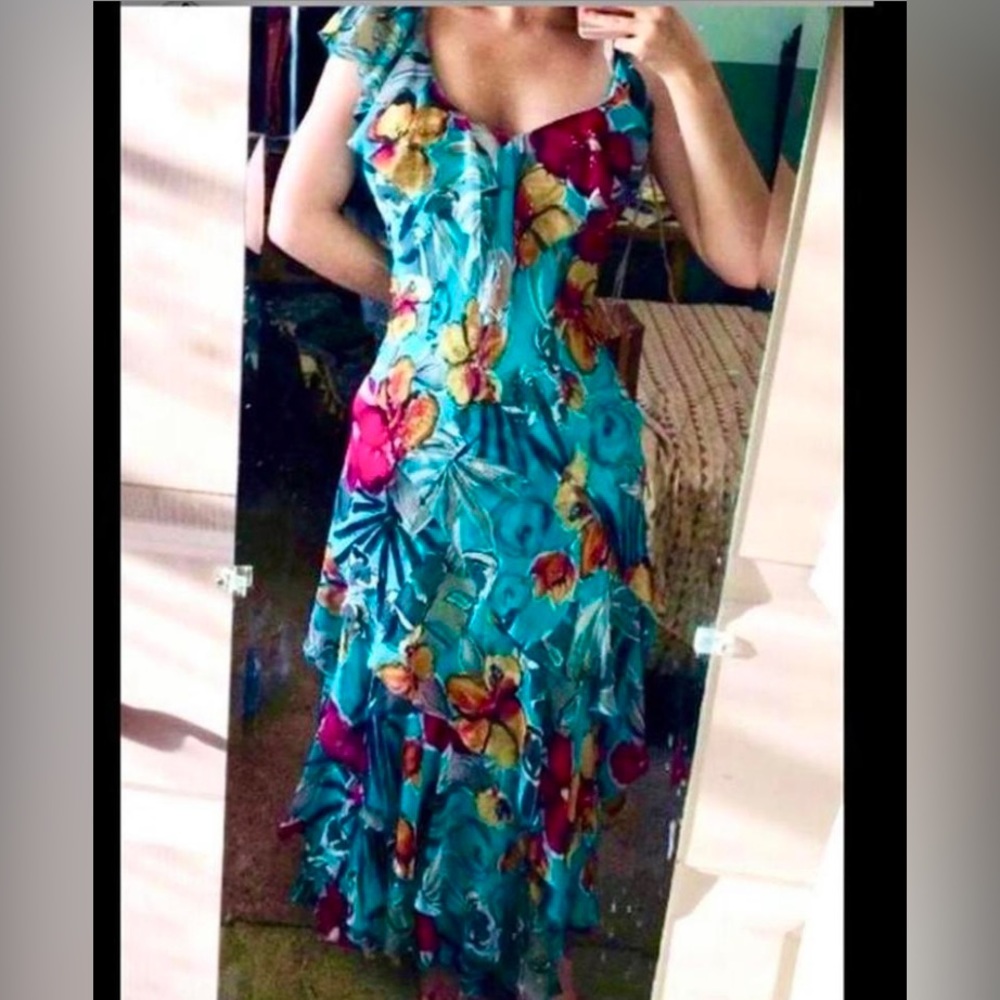 Y2K Turquoise Beaded Tropical Floral Ruffle Prom Dress Gown - Picture 4 of 7